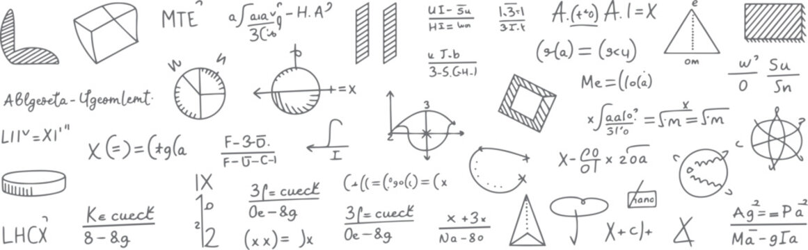 Hand drawn mathematical equations and geometric shapes on a white background mathematics formula 5 geometry