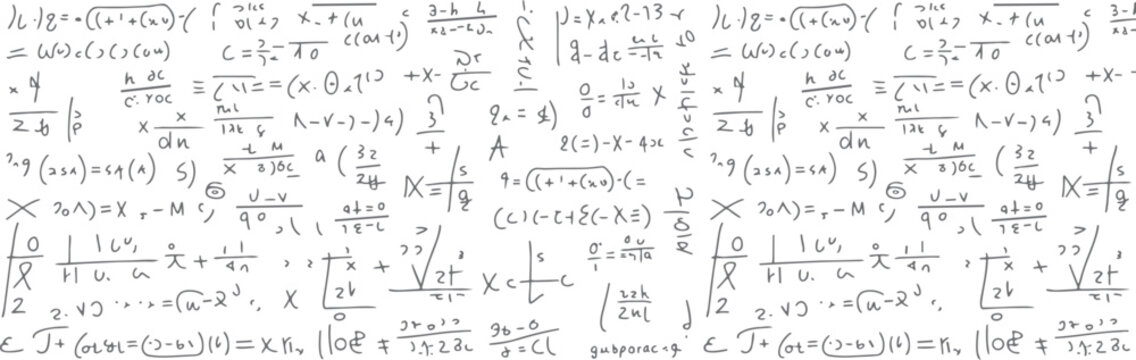 Handwritten mathematical equations and formulas scattered across a white background with a seamless pattern