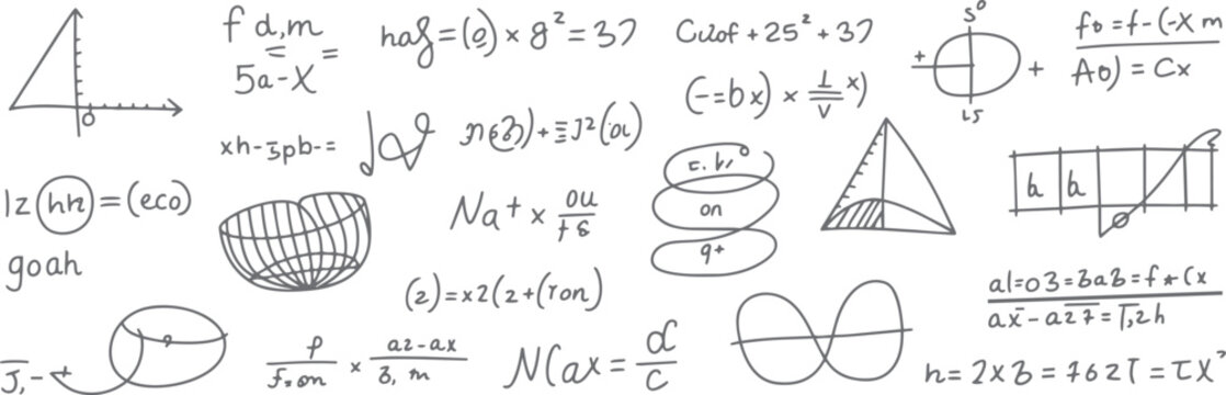 Hand drawn mathematical equations and geometric shapes on a white background mathematics formula 6 geometry