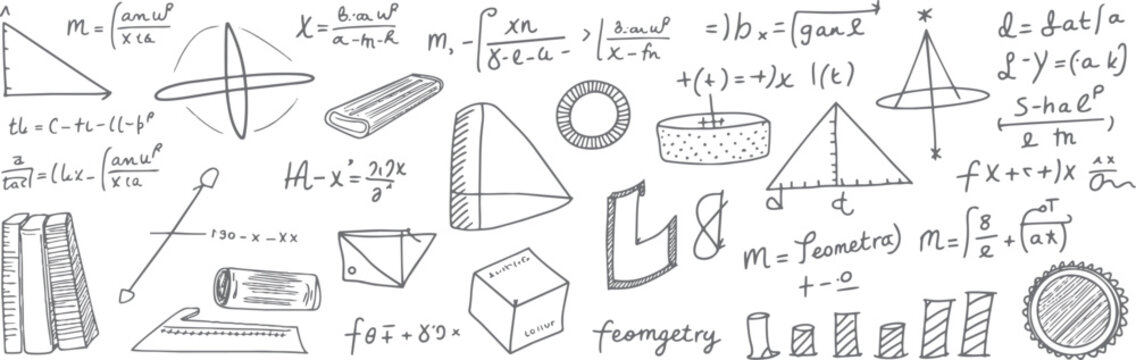 Hand drawn mathematical formulas and geometric shapes with equations and diagrams mathematics geometry