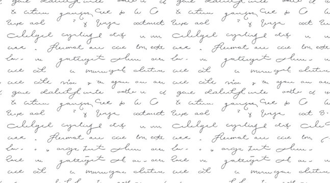 Seamless pattern of handwritten cursive text in gray ink on a white background handwriting script