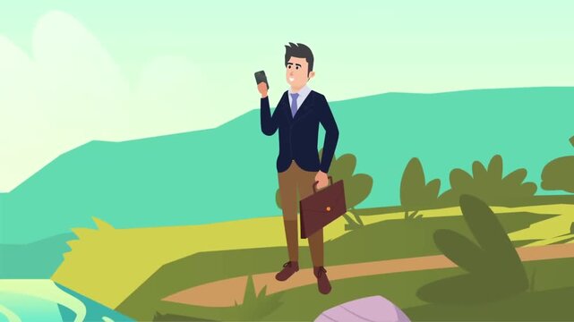 Businessman standing on hill using binoculars animation, leadership vision and business opportunity concept
