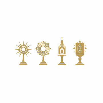 Gold Catholic Monstrance and Reliquary Vector Icons Set