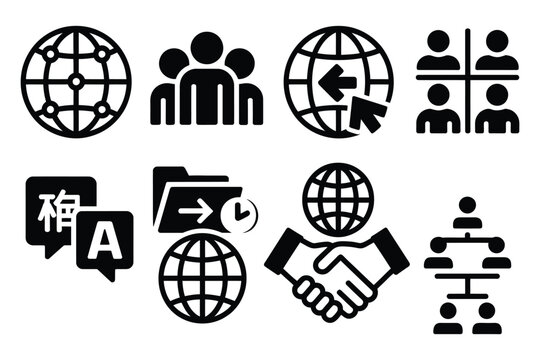 Global collaboration silhouette set with world map network, international team icons, video conference globe, cross border file sharing, multilingual chat bubbles, timezone clock badge, business commu