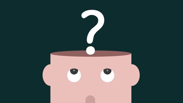Human head with question mark animation, thinking process and problem solving concept