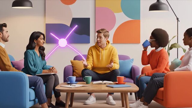 Diverse team brainstorming and networking during a colorful modern meeting in a bright environment with geometric visuals