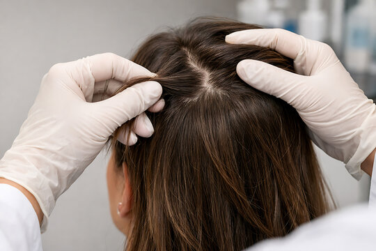 Medical Professional Examining Hair and Scalp With Protective Gloves for Clinical Dermatology Consultation and Hair Loss Assessment