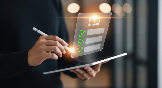Person interacting with a digital checklist on a tablet device.