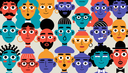 Fototapeta premium Vector cartoon illustration of a group of people's faces with various hairstyles, expressions, and designs .vector icon