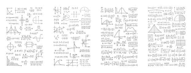 Fototapeta premium Hand drawn mathematical formulas and graphs on white background with various equations and diagrams mathematics