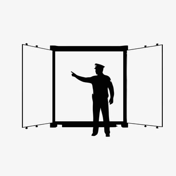 Police officer silhouette stands centered within an open portable barricade directing traffic or indicating a boundary.