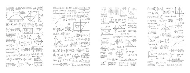 Fototapeta premium Handwritten mathematical equations and graphs on a white background with various formulas and diagrams