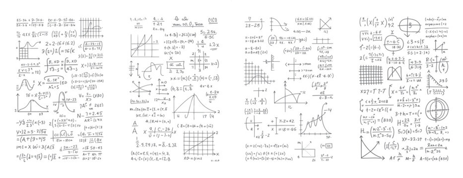 Handwritten mathematical equations and graphs on a white background mathematics formulas