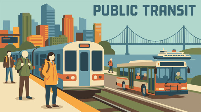 City Public Transportation Network: Train, Bus, Ferry, Bridge and Skyline