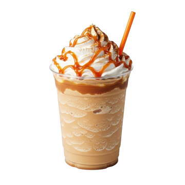 A caramel frappe with whipped cream and a straw