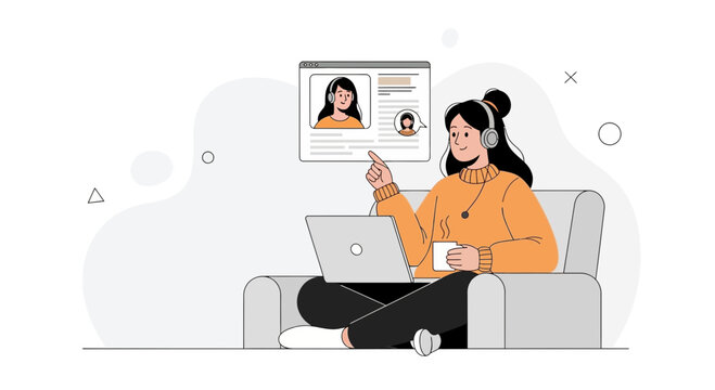 Woman with headphones on couch video calling on laptop, remote work concept