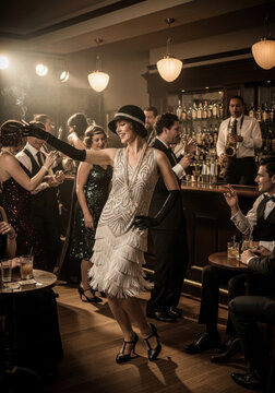 Woman dancing in 1920s flapper style at a lively speakeasy bar  