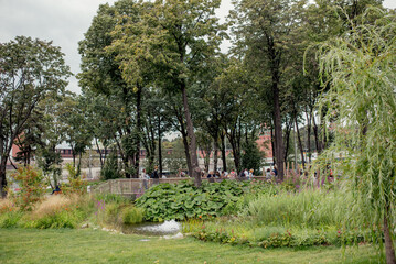 Moscow, Russia, August 17 2019: A serene urban park scene with trees and walking paths, perfect for relaxation