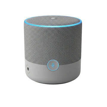 A gray echo dot smart speaker with a blue light ring