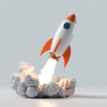 3D Render of a Stylized Rocket Launching with White Smoke Clouds on a Neutral Background - Startup and Growth Concept