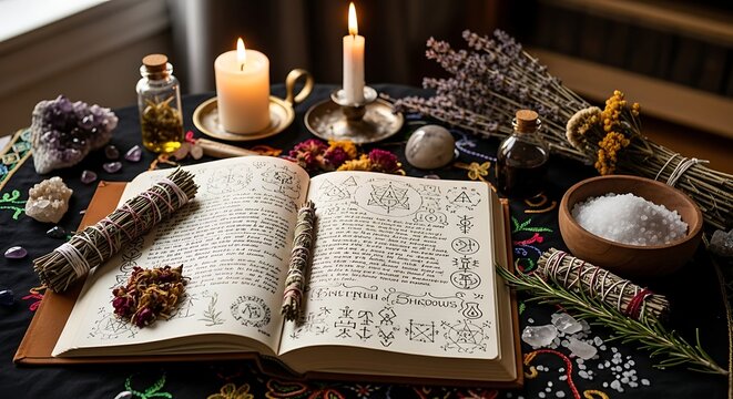 Mystical Ritual Altar with Candles and Herbs.