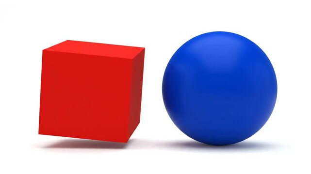 Red cube and blue sphere rotating on white background, 3D render