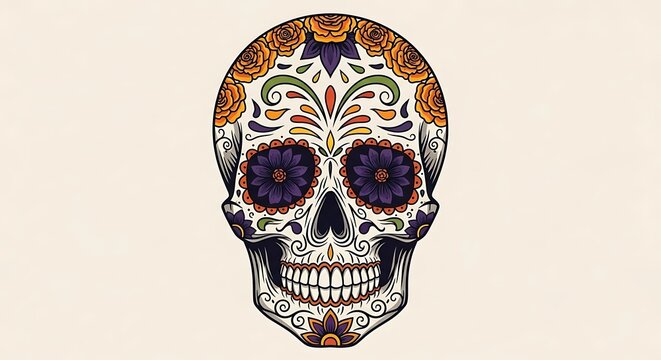 Colorful Sugar Skull Illustration for Day of the Dead Celebration.
