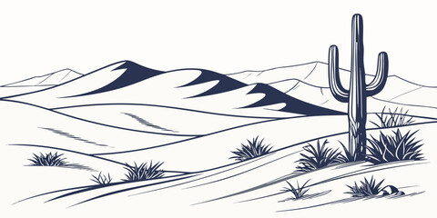 A solitary cactus stands tall in a vast desert landscape under a clear sky © AX