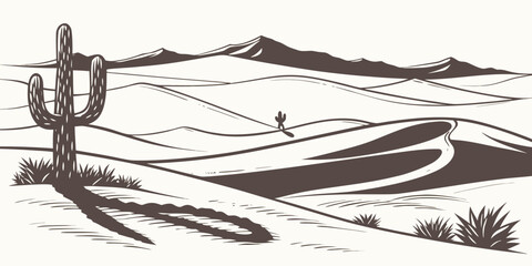 A lone cactus stands tall in a vast desert landscape under a clear sky © AX