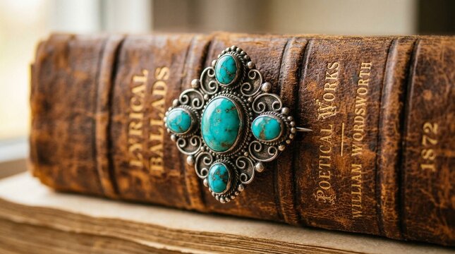 Maco detail of a vintage silver and turquoise brooch pinned to the worn leather spine of an antique poetry collection.