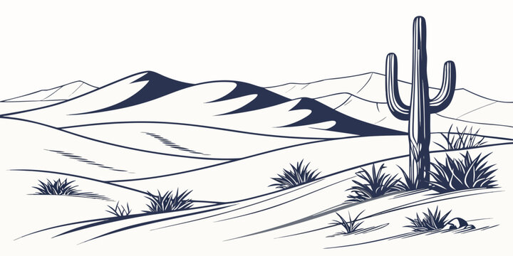 A solitary cactus stands tall in a vast desert landscape under a clear sky