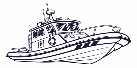 A detailed illustration of a coast guard boat with a crew and equipment. © AX