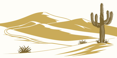 A single cactus stands tall in a vast and barren desert landscape. © AX