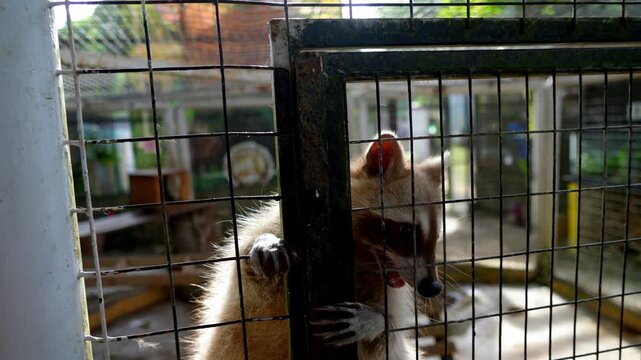Slow motion Raccoon in a cage with its mouth open try to escape