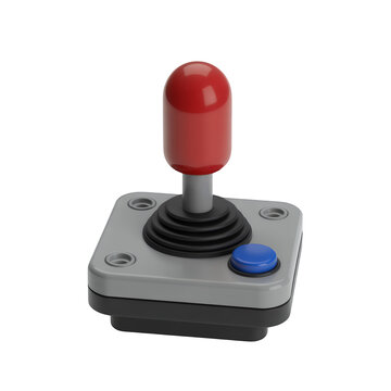 Red joystick with blue button on gray base isolated on a transparent background