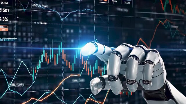 A robotic hand pointing to a glowing blue light on a futuristic graph and chart background with various data visualizations and analytics