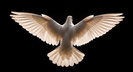 Fototapeta premium A white dove in flight with wings spread wide against a black background