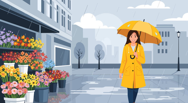Woman with Yellow Umbrella in Rainy City.