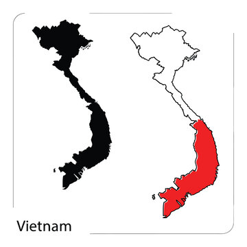 Vietnam map silhouette and outline collection highlighting southern coastal region in red