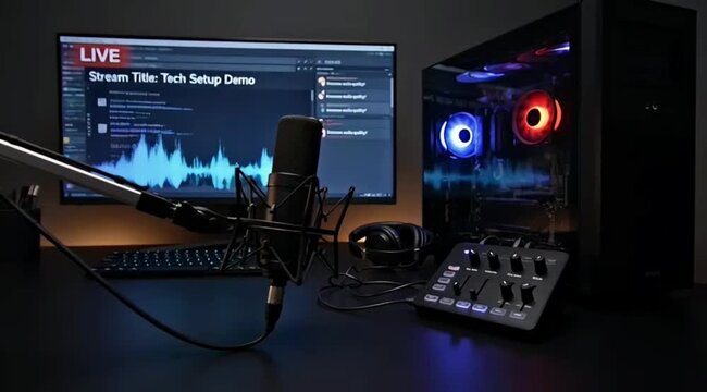 podcast recording setup with microphone and laptop vector illustration