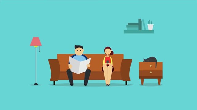 Couple sitting together on sofa in living room animation, relationship conversation and domestic lifestyle concept