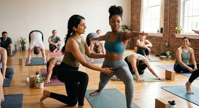 Yoga instructor assisting woman in warrior pose during group class in sunlit urban loft studio with exposed brick.