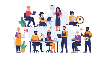 Fototapeta premium Diverse Professional Workforce Concept: People Engaged in Various Careers with Technology and Teamwork. Modern Flat Vector Illustration.
