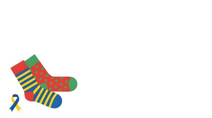Obraz premium A vibrant illustration featuring three mismatched, colorful socks and a blue and yellow awareness ribbon on a white background.