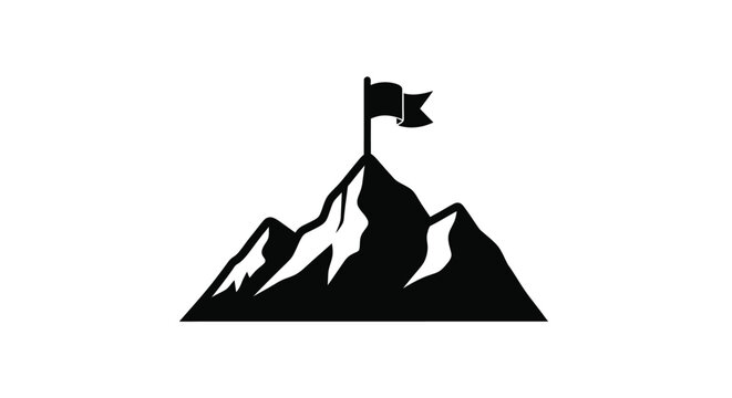 Mountain peak with a flag a striking black graphic silhouette