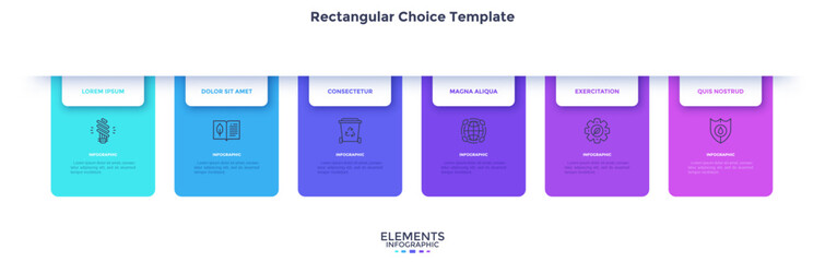 Obraz premium Startup project boosting research rectangular choice infographic chart design template. Business success infochart with icons. Instructional graphics with 6 options. Visual data presentation