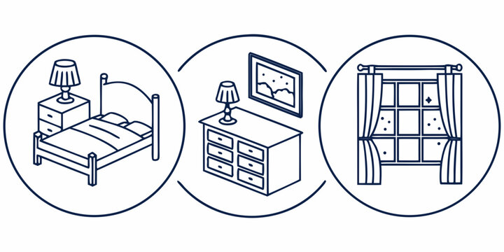 Bedroom furniture set including bed, dresser, and curtains