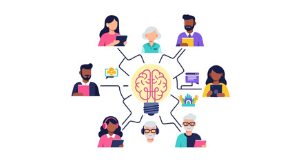 Fototapeta premium Diverse Team Brainstorming & Idea Generation. Collaborative Network with Central Lightbulb Brain, Illustrating Collective Intelligence & Innovation.