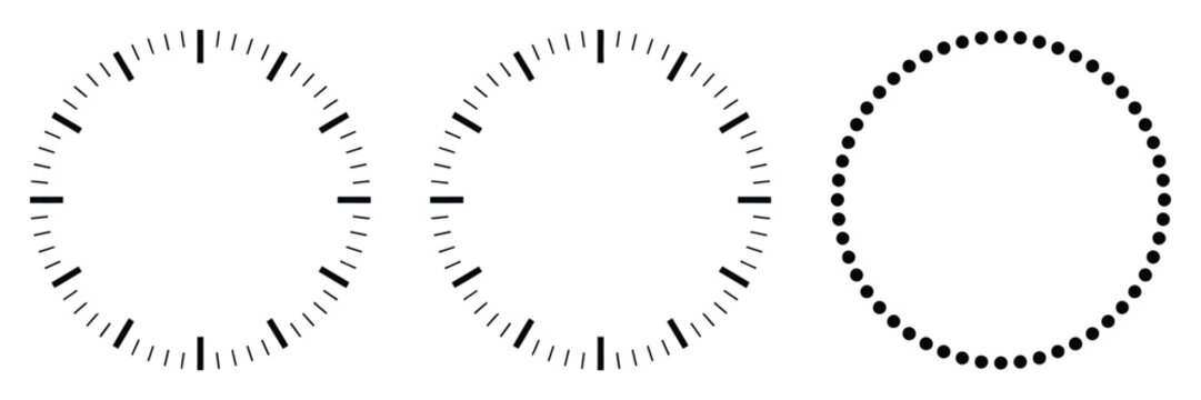 Blank clock face template featuring detailed hour ticks and minute indicators, clean analog dial layout, professional vector illustration
