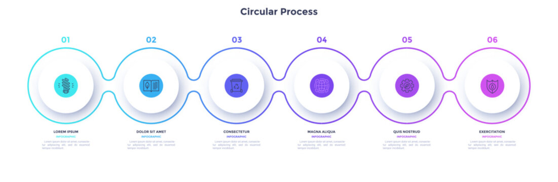 Informative circular process infographic chart for business process demonstration. Ecology infochart with thin line icons. Instructional graphics with 6 steps sequence design for web pages